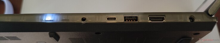 Côté droit : Sortie ligne/in, USB-C 3.1 (DP 1.4a, PD), USB-A 3.1, HDMI 2.1, DC-in
