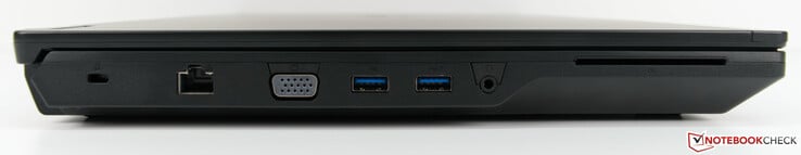 Côté gauche : verrou de sécurité Kensington, VGA, 2 x USB A 3.0, 3.5 mm prise jack écouteurs / micro, lecteur de carte à puce.
