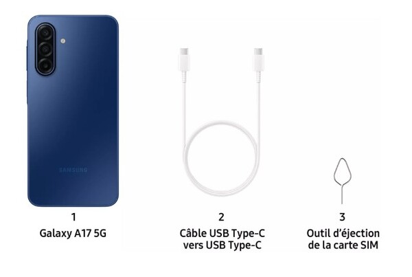 Le Galaxy A17 5G sera livré avec un câble USB-C et un éjecteur de carte SIM uniquement. (Source de l'image : Samsung)