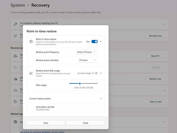 L'interface de restauration à un instant donné de Microsoft.