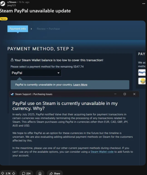 Message de l'assistance Steam sur l'utilisation de PayPal lors du paiement (Source d'image : capture d'écran, Steam subreddit)