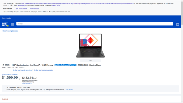 Le listing des ventes de "2021 HP Omen" (en cache). (Source : Best Buy via Google)