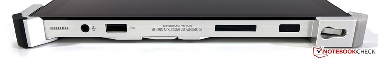 Côté droit : 3,5 mm stéréo, USB-A 3.2 Gen.1, bouton de volume, bouton d'alimentation