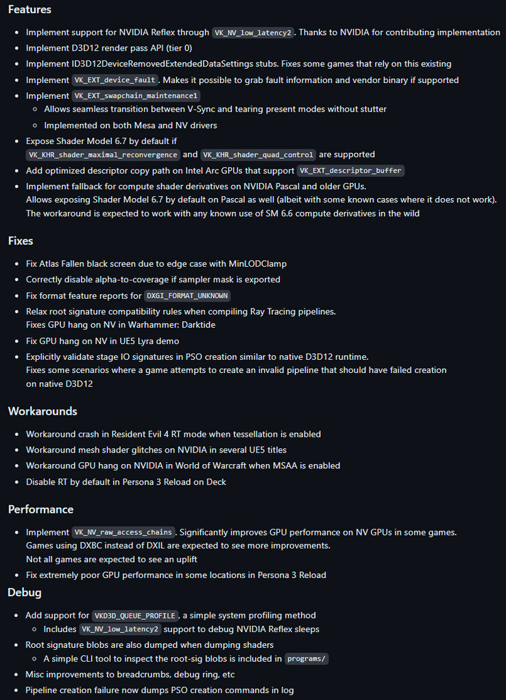 Journal des modifications complet de VKD3D-Proton 2.12 (Image source : GitHub)