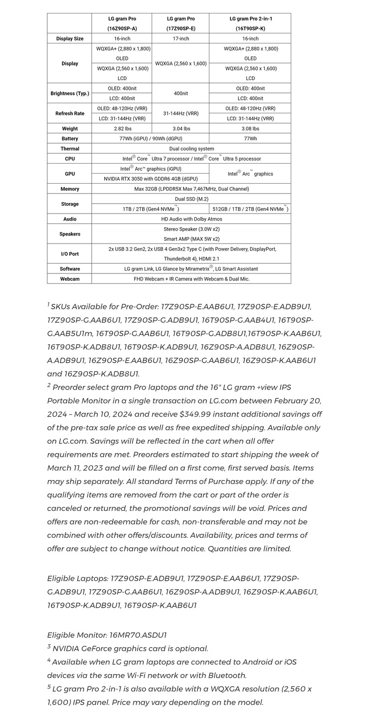 La liste des spécifications du Gram Pro 2024 et les petits caractères de la pré-commande. (Source : LG)