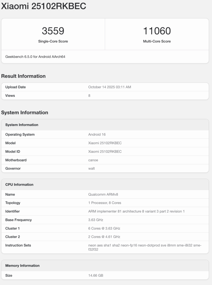 Liste Geekbench du Redmi K90 Pro. (Source de l'image : Geekbench)