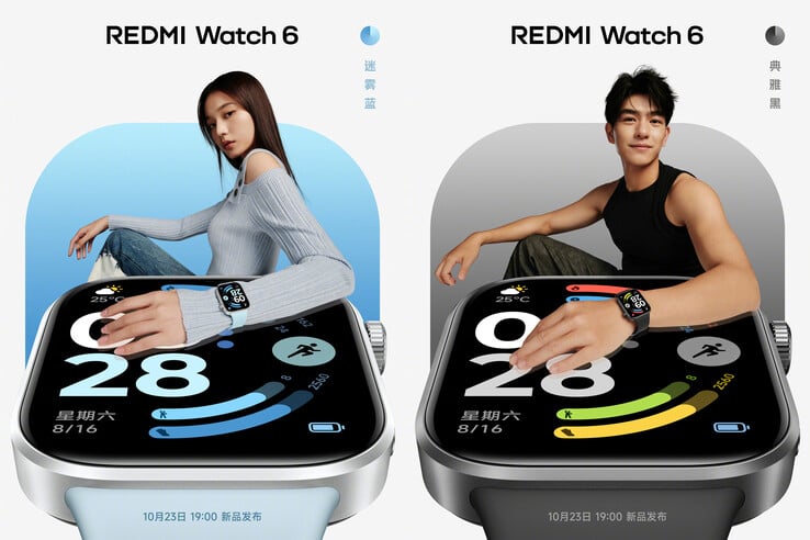 Coloris noir élégant et bleu brumeux de la Redmi Watch 6 (Image source : Xiaomi)