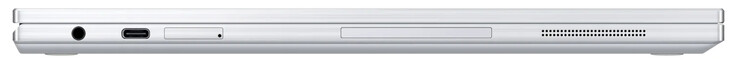 Côté gauche : prise jack, USB C 3.2 Gen 1 (charge, DisplayPort), lecteur de carte micro SD.