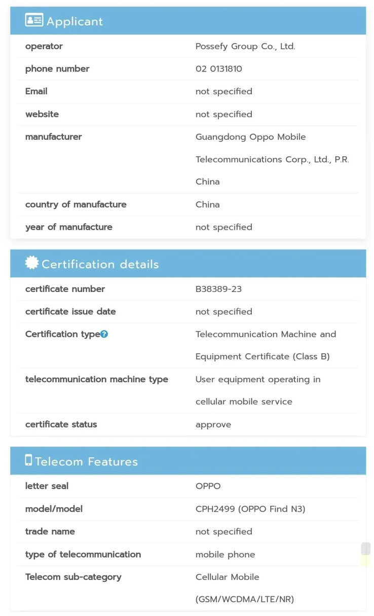 Le Find N3 est officiellement prêt à fonctionner. (Source : NBTC via SparrowsNews)