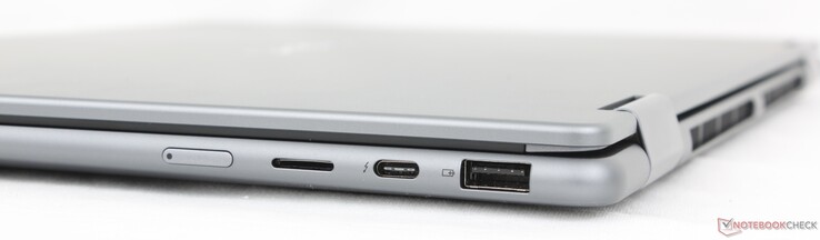 À droite : Bouton d'alimentation, lecteur MicroSD, USB-C 4.0 avec Thunderbolt 4, DisplayPort 2.1 + Power Delivery 3.0, USB-A 3.2 Gen. 1