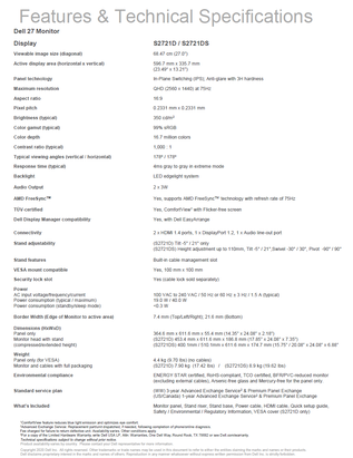 Dell S2721D and S2721DS - Specifications. (Source: Dell)