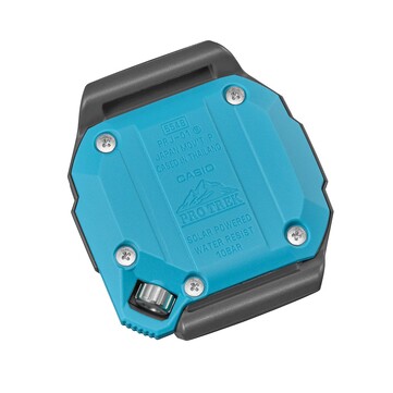 Vue arrière du fond de boîtier turquoise de la Casio Pro Trek PRJ-01AE-8, sur lequel figure le logo Pro Trek