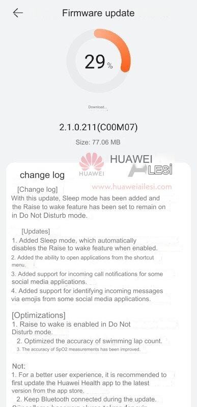 Changements dans la version 2.1.0.211 du logiciel de la Huawei Watch Fit 2. (Image source : Huawei Ailesi avec Google Translate)
