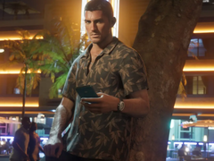 Une affiche du protagoniste de GTA VI, Jason Duval, utilisant un téléphone