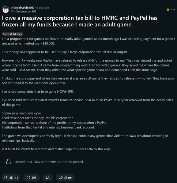 PayPal dispute with adult game programmer Reddit post (Image source : screenshot, Legal Advice UK subreddit)