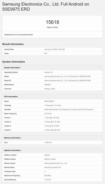 Un supposé Exynos 2700 testé dans le test OpenCL de Geekbench.