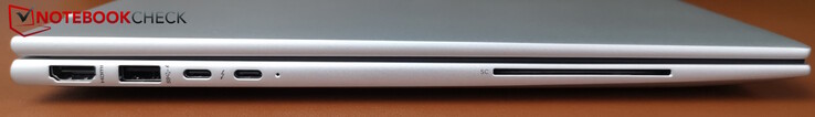 À gauche : HDMI 2.1, USB-A (5 Gbps), 2x USB-C Thunderbolt 4 avec PD et DP (40 Gbps)