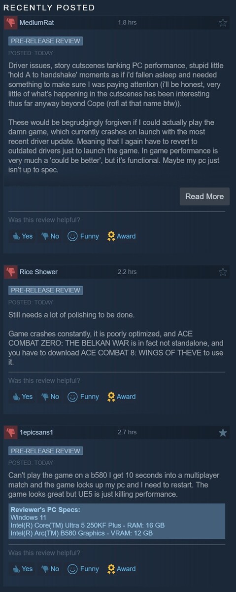 Avis négatifs affichés sur Steam pour Ace Combat 8: Wings of Theve