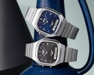 Les montres rétro analogiques-numériques Casio AQ-240E-1A et AQ-240E-2A2, dotées respectivement de cadrans noirs et bleus à effet soleil, présentées côte à côte.