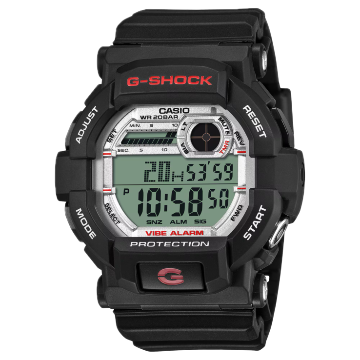 Vue de face de la G-Shock GD-350S mettant en valeur son boîtier noir et son affichage numérique.
