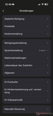 Menu avec de nombreux réglages