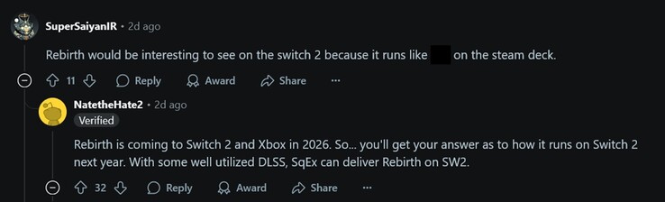 NateTheHate2 leak on Final Fantasy 7 Rebirth Switch 2 and Xbox release date (Image source : screenshot, GamingLeaksandRumours suvbreddit)