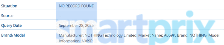 Liste de la base de données IMEI pour un téléphone Nothing portant le numéro de modèle A069P (Image Source : Smartprix)