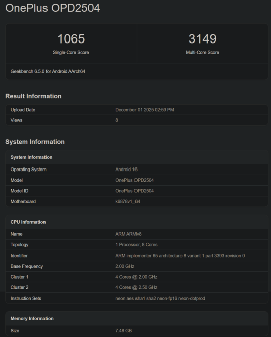Liste Geekbench du OnePlus Pad Go 2 (source d'image : Geekbench)