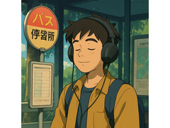 Une illustration générée par l'IA dans le style des œuvres du Studio Ghibli. Elle montre un jeune homme assis sereinement dans une station de bus tout en écoutant de la musique. (Source de l'image : générée avec ChatGPT)