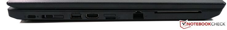 Côté gauche : USB C Gen.1, connecteur pour station d'accueil (USB C Gen.1 + réseau), USB A 3.1, HDMI 1.4b, nano-SIM, micro SD, RJ45, SmartCard.