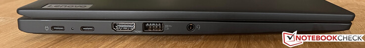 À gauche : 2x USB-C 4.0 (40 GBit/s, Power Delivery 3.0, DisplayPort Alt Mode 1.4), HDMI 2.1, USB-A 3.2 Gen.1 (5 GBit/s, alimenté), audio 3,5 mm