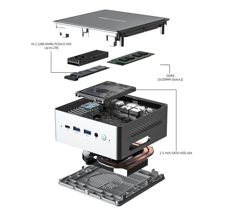 Le Minisforum NAB9S est équipé d'une mémoire vive DDR4 et de deux emplacements pour disques durs.
