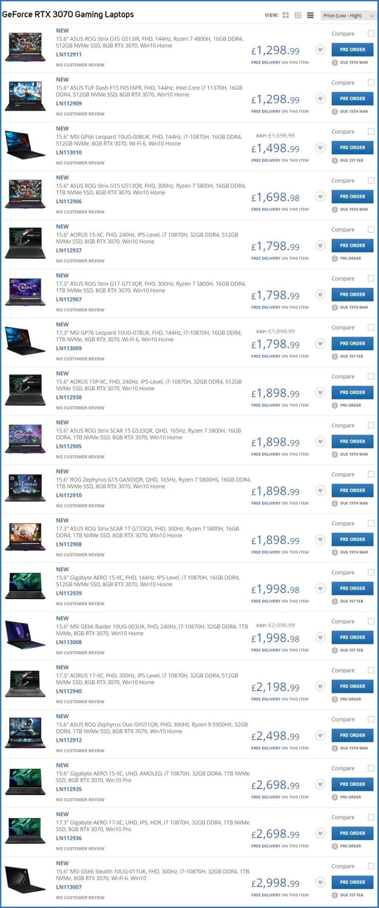 Ordinateurs portables RTX 3070. (Source de l'image : Scan)