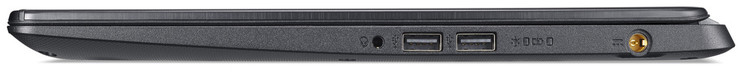 Côté droit : combo audio jack, 2 USB A 2.0, entrée secteur.