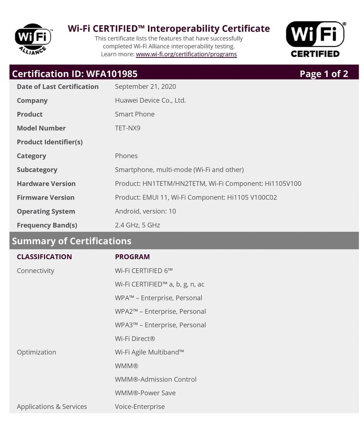 Le certificat Wi-Fi pour le "Huawei Mate X2". (Source : Wi-Fi Alliance via MyFixGuide)