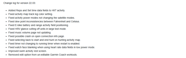 Les notes de mise à jour de la version beta 22.03 de Garmin pour la Fenix 7 (Image source : Garmin)