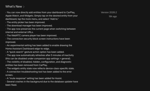 Le journal des modifications pour l'application iOS Home Assistant version 2026.2