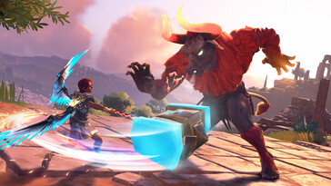 Image montrant un combat contre un minotaure dans Immortals Fenyx Rising.