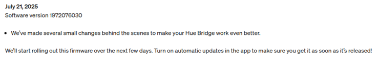 Les notes de mise à jour de la version du firmware du Philips Hue Bridge 1972076030. (Source de l'image : Philips Hue)