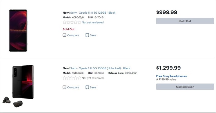 Prix des Sony Xperia 5 III et Xperia 1 III. (Image source : Best Buy)