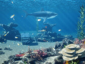 Capture d'écran de la plongée libre DLC de InZOI Island Getaway montrant des requins et des poissons dans des eaux peu profondes