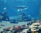 Capture d'écran de la plongée libre DLC de InZOI Island Getaway montrant des requins et des poissons dans des eaux peu profondes