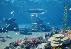 Capture d&#039;écran de la plongée libre DLC de InZOI Island Getaway montrant des requins et des poissons dans des eaux peu profondes