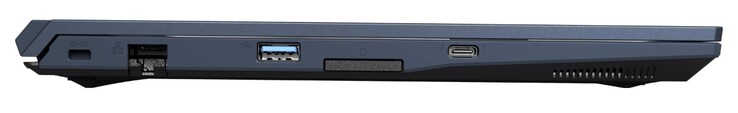 côté gauche : Kensington Lock, RJ45 LAN, USB-A 3.2 Gen1, lecteur de carte, USB-C 4.0 Gen3x2 (y compris Thunderbolt 4 &amp; DisplayPort 1.4)