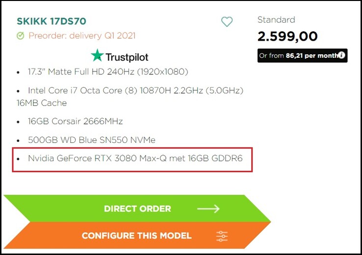 Nvidia GeForce RTX 3080 mobile GPU. (Source de l'image : SKIKK)