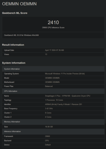 Snapdragon X Plus X1P64100 scores Geekbench (image via Geekbench)