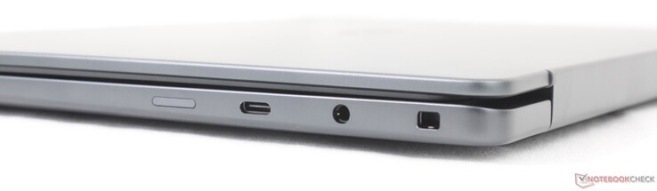 À droite : emplacement pour carte SIM (en option), port USB-C 3.2 Gen. 2 (20 Gbos) avec DisplayPort 1.4 + Power Delivery, prise casque 3,5 mm, Noble Lock