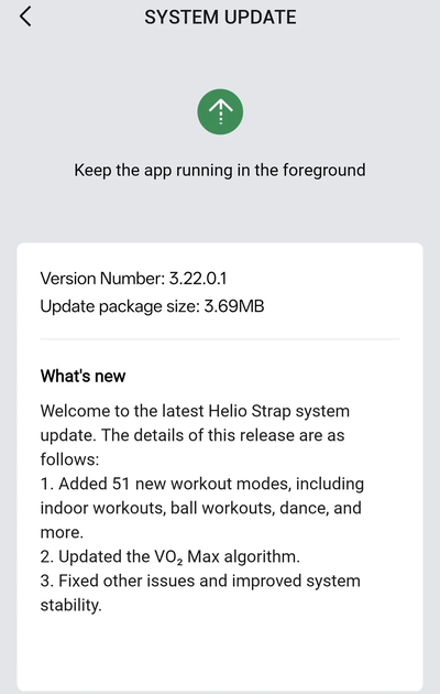Les notes de mise à jour concernant le bracelet Amazfit Helio Strap indiquent que celui-ci bénéficie de la mise à jour v3.22.0.1