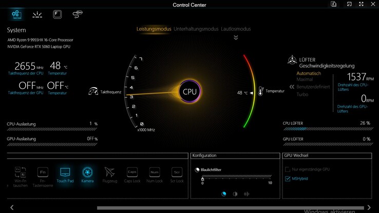 Profils de performance dans le centre de contrôle de l'Apex 17