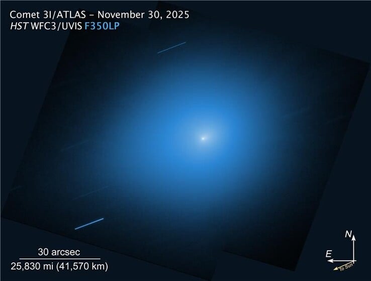 Image prise par le télescope spatial Hubble le 30 novembre 2025, montrant la comète 3I/ATLAS. (Source de l'image : NASA, ESA, STScI, D. Jewitt (UCLA), M.-T. Hui (Observatoire astronomique de Shanghai). Traitement de l'image : J. DePasquale (STScI))